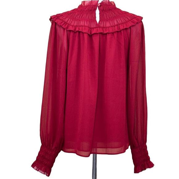 Ann Taylor red smocked yoke blouse, NWT, medium, office, career, sheer, bright - Picture 3 of 8
